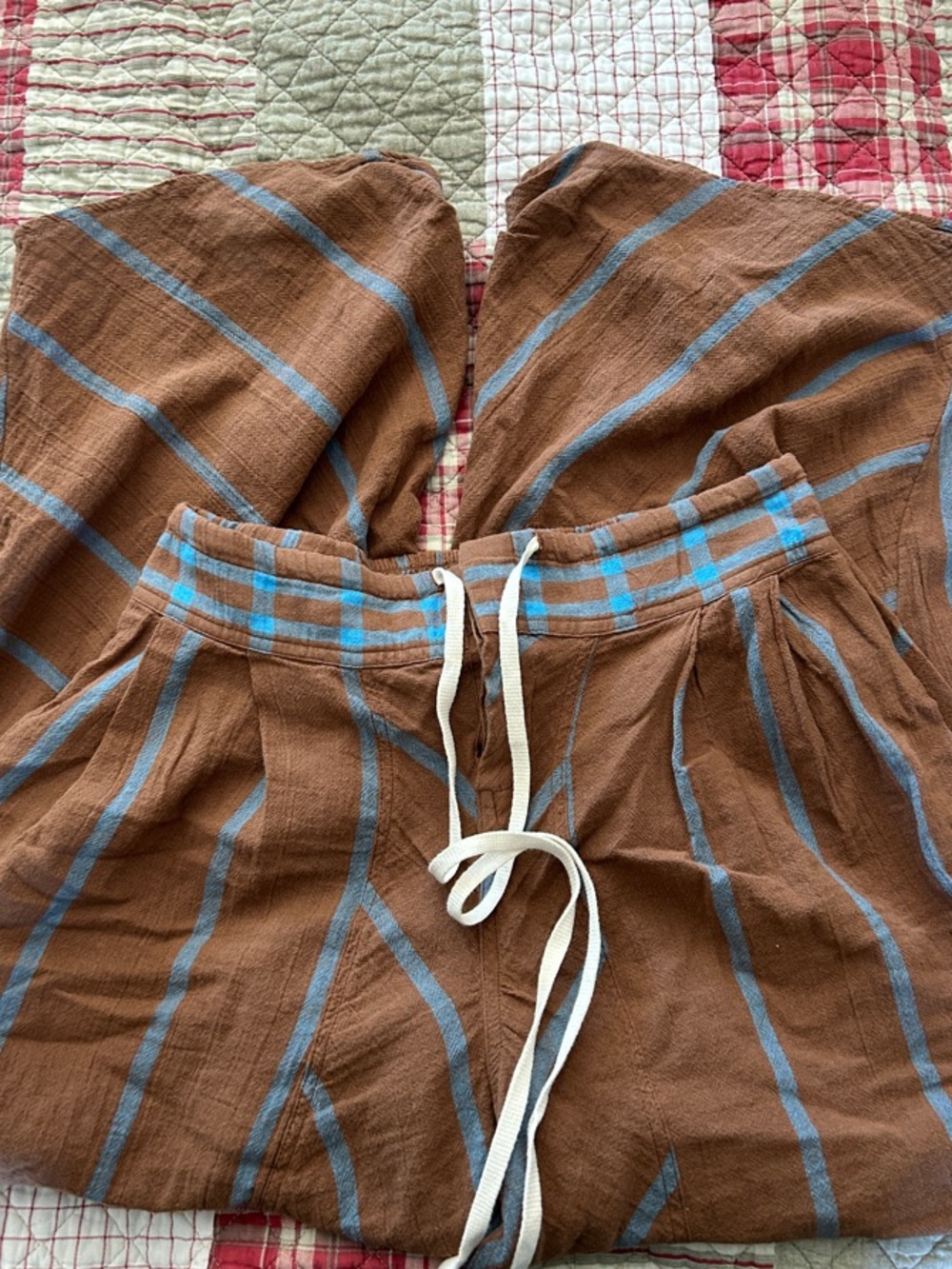 Free People Brown Wide-Leg Drawstring Pants with Blue Stripes